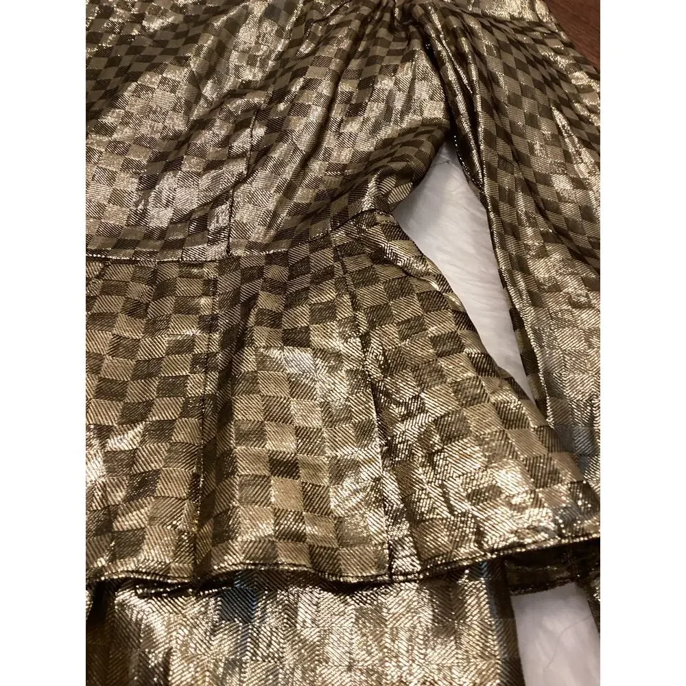 Trending Vintage Gold Metallic Check Lame 2pc Dress Midi Pencil Skirt Top S 24w